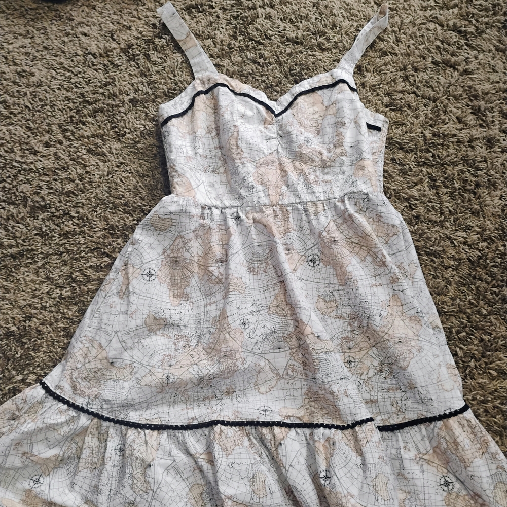 Map Print Dress with Black Trim